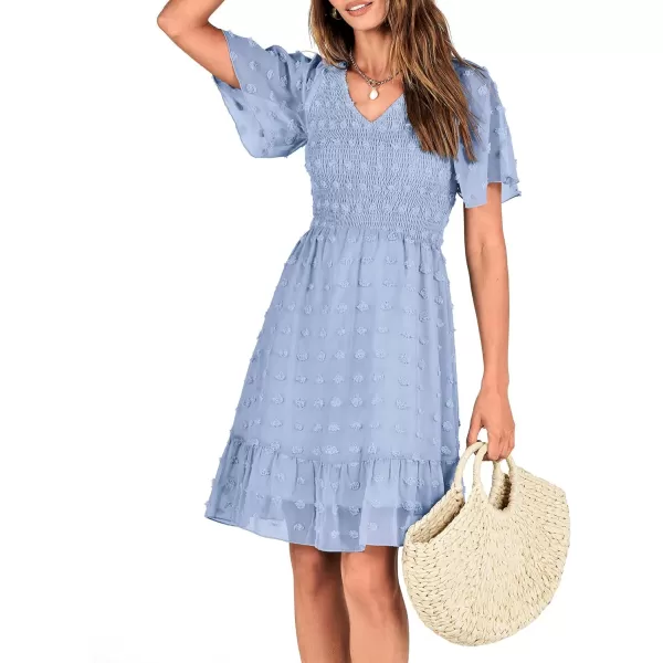 BTFBM Womens V Neck Smocked Short Sleeve Casual Dress Swiss Dot Swing Flowy Ruffle Hem Mini Beach Summer Dresses 2024Swiss Dot Blue