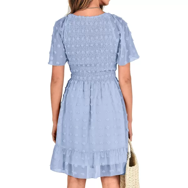 BTFBM Womens V Neck Smocked Short Sleeve Casual Dress Swiss Dot Swing Flowy Ruffle Hem Mini Beach Summer Dresses 2024Swiss Dot Blue