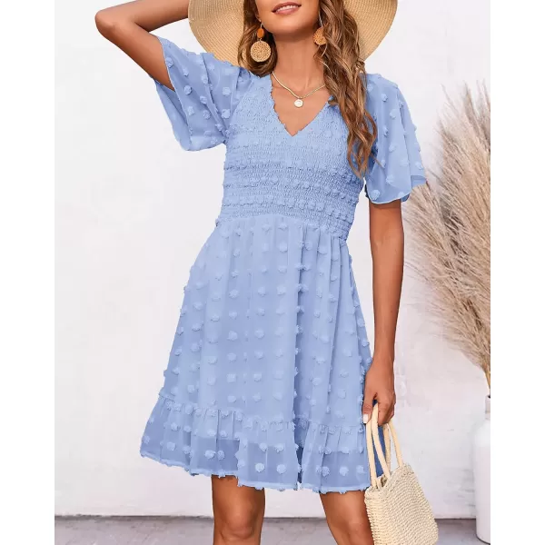 BTFBM Womens V Neck Smocked Short Sleeve Casual Dress Swiss Dot Swing Flowy Ruffle Hem Mini Beach Summer Dresses 2024Swiss Dot Blue