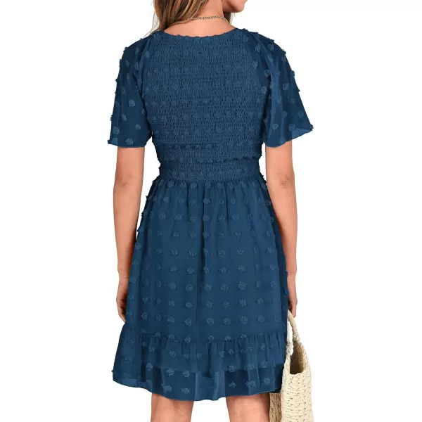 BTFBM Womens V Neck Smocked Short Sleeve Casual Dress Swiss Dot Swing Flowy Ruffle Hem Mini Beach Summer Dresses 2024Swiss Dot Dark Blue