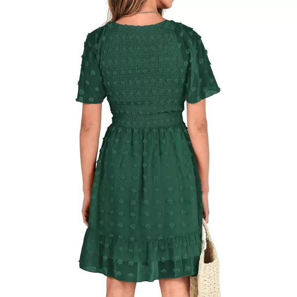 BTFBM Womens V Neck Smocked Short Sleeve Casual Dress Swiss Dot Swing Flowy Ruffle Hem Mini Beach Summer Dresses 2024Swiss Dot Dark Green