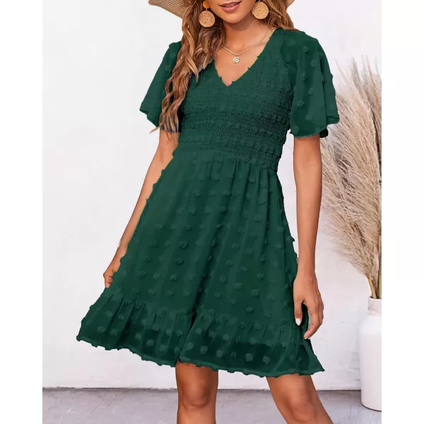 BTFBM Womens V Neck Smocked Short Sleeve Casual Dress Swiss Dot Swing Flowy Ruffle Hem Mini Beach Summer Dresses 2024Swiss Dot Dark Green
