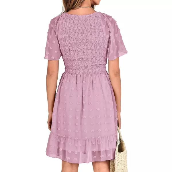 BTFBM Womens V Neck Smocked Short Sleeve Casual Dress Swiss Dot Swing Flowy Ruffle Hem Mini Beach Summer Dresses 2024Swiss Dot Dusty Pink