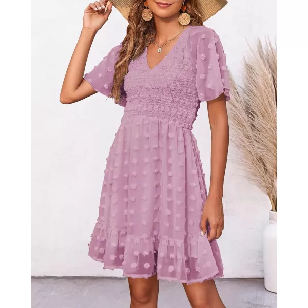 BTFBM Womens V Neck Smocked Short Sleeve Casual Dress Swiss Dot Swing Flowy Ruffle Hem Mini Beach Summer Dresses 2024Swiss Dot Dusty Pink