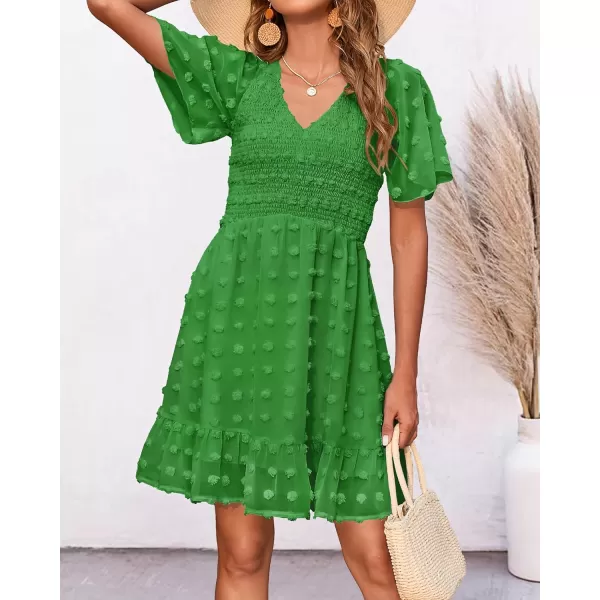 BTFBM Womens V Neck Smocked Short Sleeve Casual Dress Swiss Dot Swing Flowy Ruffle Hem Mini Beach Summer Dresses 2024Swiss Dot Green