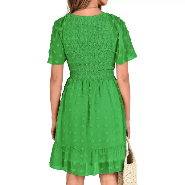 BTFBM Womens V Neck Smocked Short Sleeve Casual Dress Swiss Dot Swing Flowy Ruffle Hem Mini Beach Summer Dresses 2024Swiss Dot Green