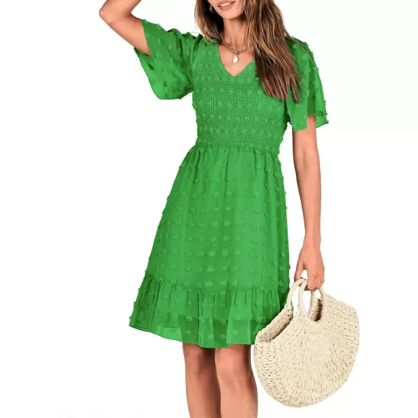 BTFBM Womens V Neck Smocked Short Sleeve Casual Dress Swiss Dot Swing Flowy Ruffle Hem Mini Beach Summer Dresses 2024Swiss Dot Green