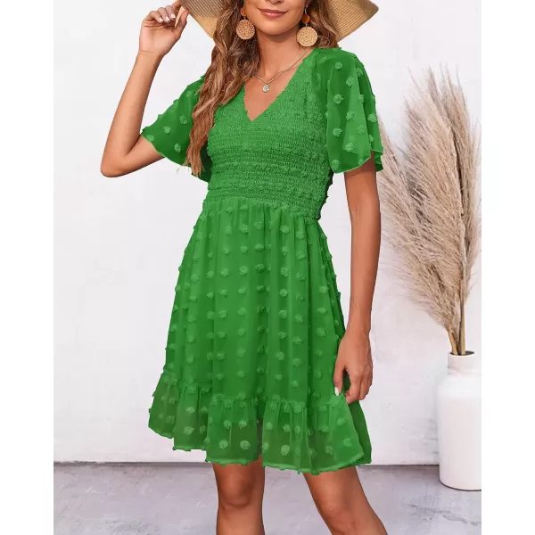 BTFBM Womens V Neck Smocked Short Sleeve Casual Dress Swiss Dot Swing Flowy Ruffle Hem Mini Beach Summer Dresses 2024Swiss Dot Green