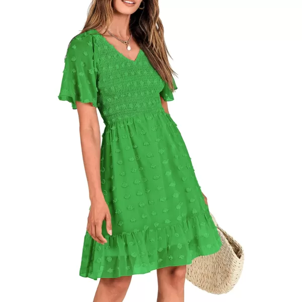 BTFBM Womens V Neck Smocked Short Sleeve Casual Dress Swiss Dot Swing Flowy Ruffle Hem Mini Beach Summer Dresses 2024Swiss Dot Green