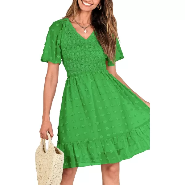 BTFBM Womens V Neck Smocked Short Sleeve Casual Dress Swiss Dot Swing Flowy Ruffle Hem Mini Beach Summer Dresses 2024Swiss Dot Green