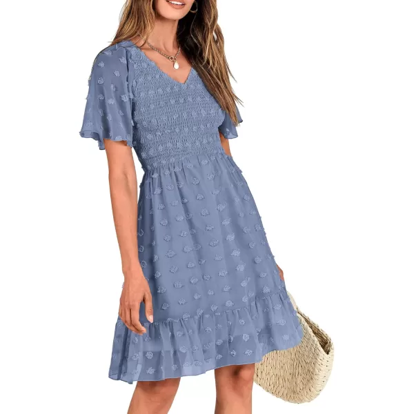 BTFBM Womens V Neck Smocked Short Sleeve Casual Dress Swiss Dot Swing Flowy Ruffle Hem Mini Beach Summer Dresses 2024Swiss Dot Grey Blue