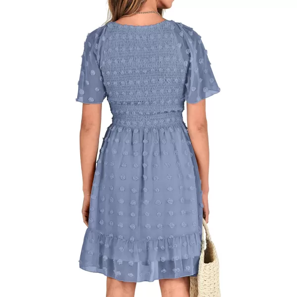 BTFBM Womens V Neck Smocked Short Sleeve Casual Dress Swiss Dot Swing Flowy Ruffle Hem Mini Beach Summer Dresses 2024Swiss Dot Grey Blue