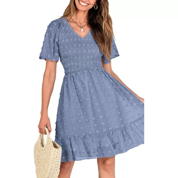 BTFBM Womens V Neck Smocked Short Sleeve Casual Dress Swiss Dot Swing Flowy Ruffle Hem Mini Beach Summer Dresses 2024Swiss Dot Grey Blue