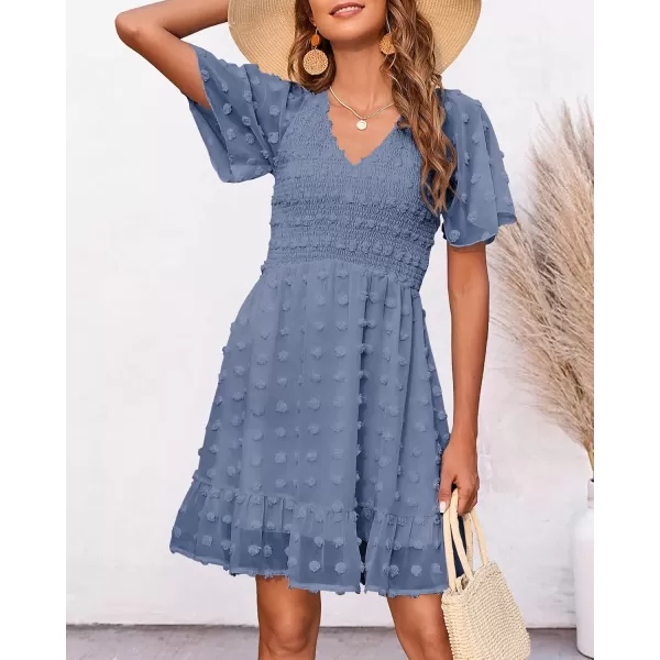 BTFBM Womens V Neck Smocked Short Sleeve Casual Dress Swiss Dot Swing Flowy Ruffle Hem Mini Beach Summer Dresses 2024Swiss Dot Grey Blue