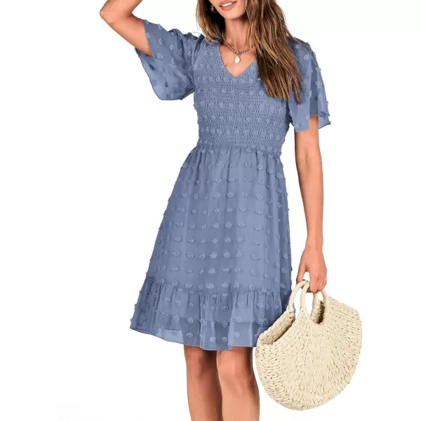 BTFBM Womens V Neck Smocked Short Sleeve Casual Dress Swiss Dot Swing Flowy Ruffle Hem Mini Beach Summer Dresses 2024Swiss Dot Grey Blue