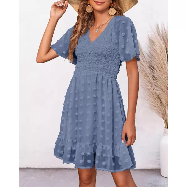BTFBM Womens V Neck Smocked Short Sleeve Casual Dress Swiss Dot Swing Flowy Ruffle Hem Mini Beach Summer Dresses 2024Swiss Dot Grey Blue