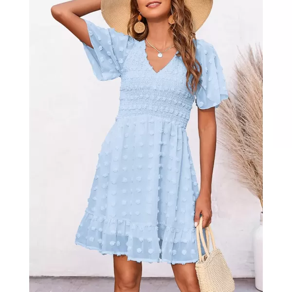 BTFBM Womens V Neck Smocked Short Sleeve Casual Dress Swiss Dot Swing Flowy Ruffle Hem Mini Beach Summer Dresses 2024Swiss Dot Light Blue