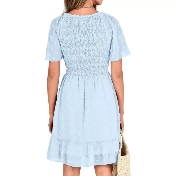 BTFBM Womens V Neck Smocked Short Sleeve Casual Dress Swiss Dot Swing Flowy Ruffle Hem Mini Beach Summer Dresses 2024Swiss Dot Light Blue