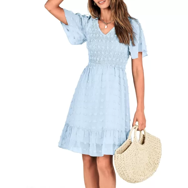 BTFBM Womens V Neck Smocked Short Sleeve Casual Dress Swiss Dot Swing Flowy Ruffle Hem Mini Beach Summer Dresses 2024Swiss Dot Light Blue