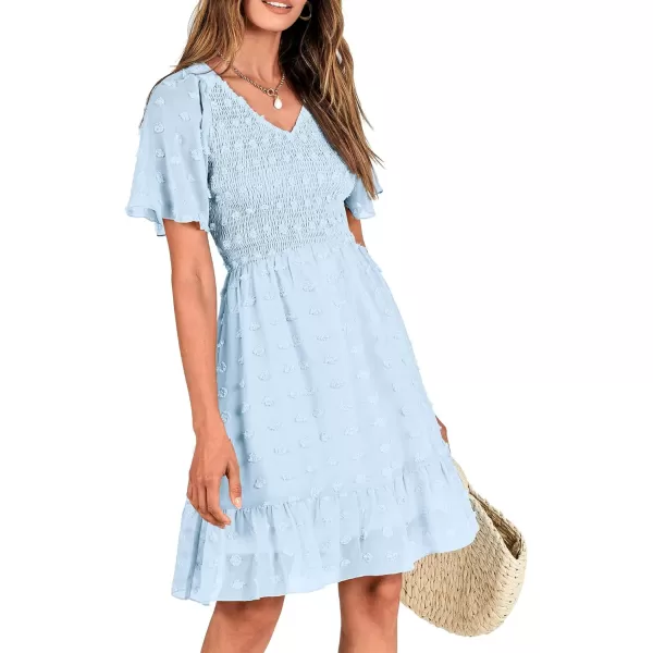 BTFBM Womens V Neck Smocked Short Sleeve Casual Dress Swiss Dot Swing Flowy Ruffle Hem Mini Beach Summer Dresses 2024Swiss Dot Light Blue