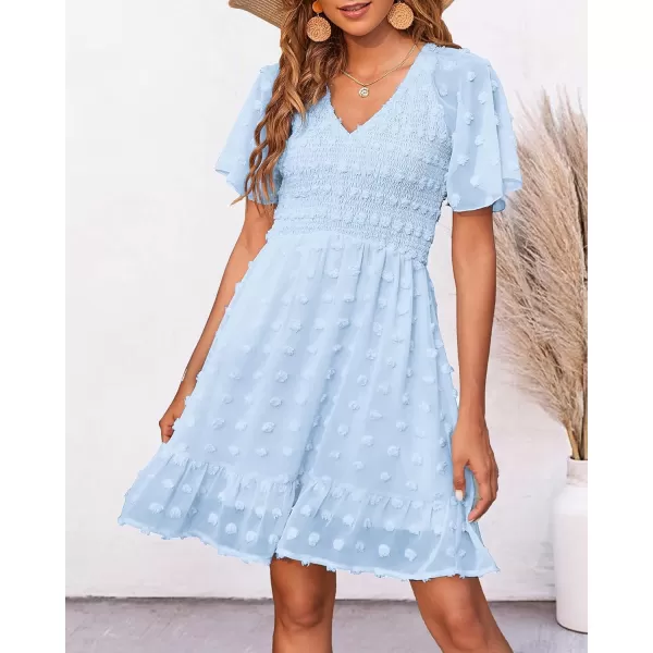 BTFBM Womens V Neck Smocked Short Sleeve Casual Dress Swiss Dot Swing Flowy Ruffle Hem Mini Beach Summer Dresses 2024Swiss Dot Light Blue