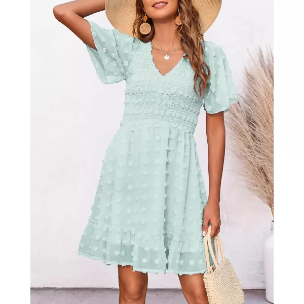 BTFBM Womens V Neck Smocked Short Sleeve Casual Dress Swiss Dot Swing Flowy Ruffle Hem Mini Beach Summer Dresses 2024Swiss Dot Light Green