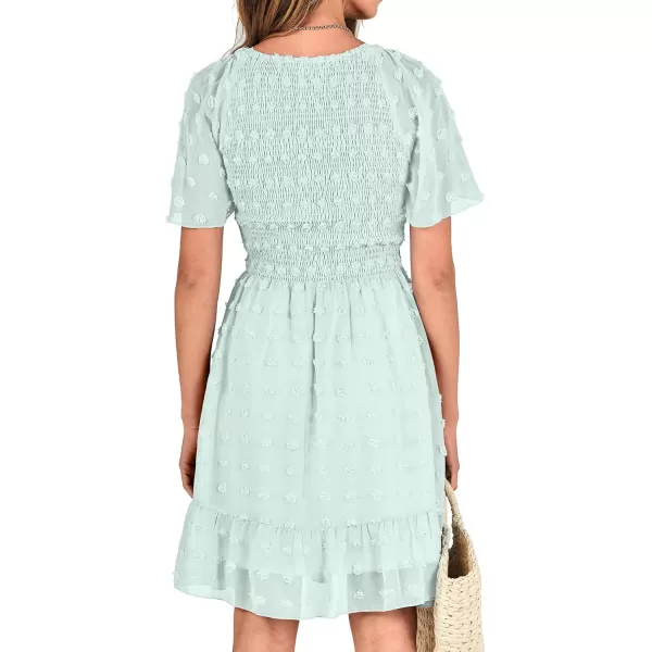 BTFBM Womens V Neck Smocked Short Sleeve Casual Dress Swiss Dot Swing Flowy Ruffle Hem Mini Beach Summer Dresses 2024Swiss Dot Light Green