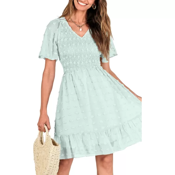 BTFBM Womens V Neck Smocked Short Sleeve Casual Dress Swiss Dot Swing Flowy Ruffle Hem Mini Beach Summer Dresses 2024Swiss Dot Light Green
