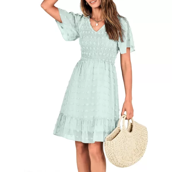 BTFBM Womens V Neck Smocked Short Sleeve Casual Dress Swiss Dot Swing Flowy Ruffle Hem Mini Beach Summer Dresses 2024Swiss Dot Light Green