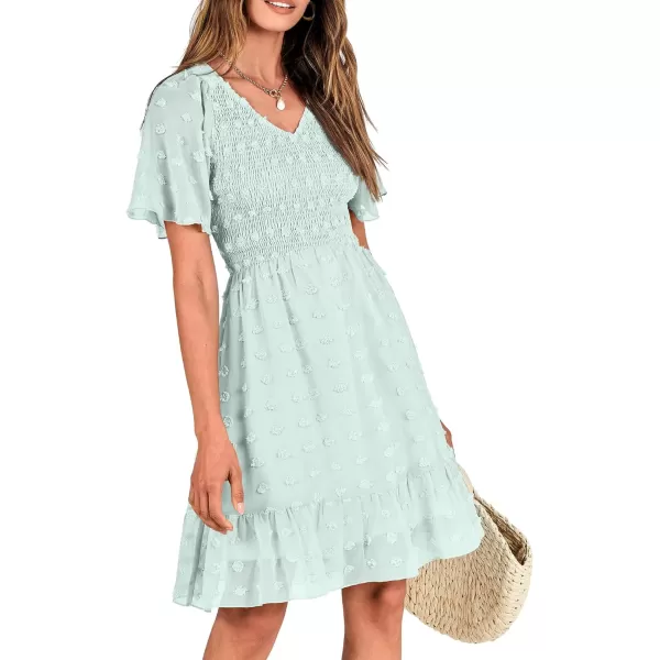 BTFBM Womens V Neck Smocked Short Sleeve Casual Dress Swiss Dot Swing Flowy Ruffle Hem Mini Beach Summer Dresses 2024Swiss Dot Light Green