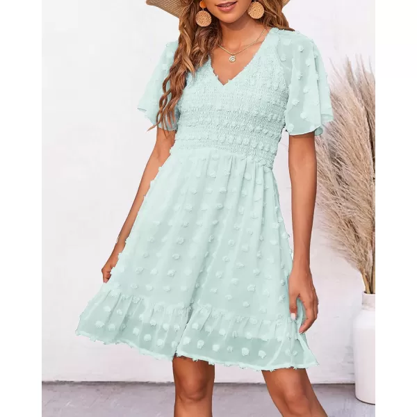 BTFBM Womens V Neck Smocked Short Sleeve Casual Dress Swiss Dot Swing Flowy Ruffle Hem Mini Beach Summer Dresses 2024Swiss Dot Light Green