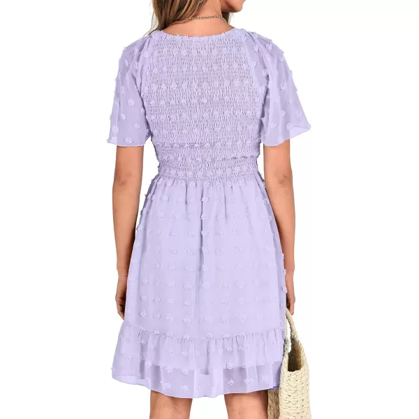 BTFBM Womens V Neck Smocked Short Sleeve Casual Dress Swiss Dot Swing Flowy Ruffle Hem Mini Beach Summer Dresses 2024Swiss Dot Light Purple
