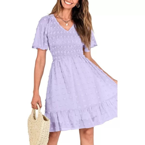 BTFBM Womens V Neck Smocked Short Sleeve Casual Dress Swiss Dot Swing Flowy Ruffle Hem Mini Beach Summer Dresses 2024Swiss Dot Light Purple