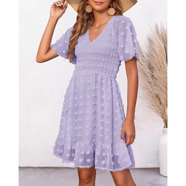 BTFBM Womens V Neck Smocked Short Sleeve Casual Dress Swiss Dot Swing Flowy Ruffle Hem Mini Beach Summer Dresses 2024Swiss Dot Light Purple