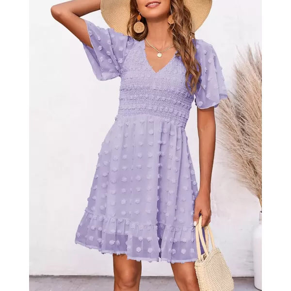 BTFBM Womens V Neck Smocked Short Sleeve Casual Dress Swiss Dot Swing Flowy Ruffle Hem Mini Beach Summer Dresses 2024Swiss Dot Light Purple