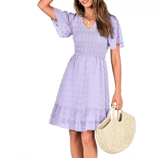 BTFBM Womens V Neck Smocked Short Sleeve Casual Dress Swiss Dot Swing Flowy Ruffle Hem Mini Beach Summer Dresses 2024Swiss Dot Light Purple