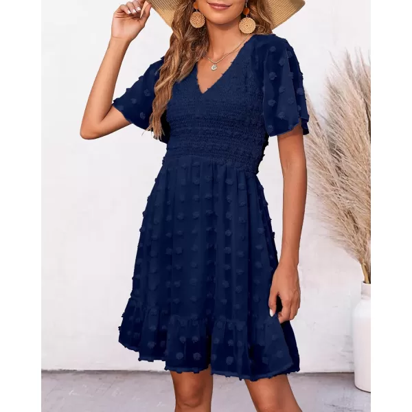 BTFBM Womens V Neck Smocked Short Sleeve Casual Dress Swiss Dot Swing Flowy Ruffle Hem Mini Beach Summer Dresses 2024Swiss Dot Navy