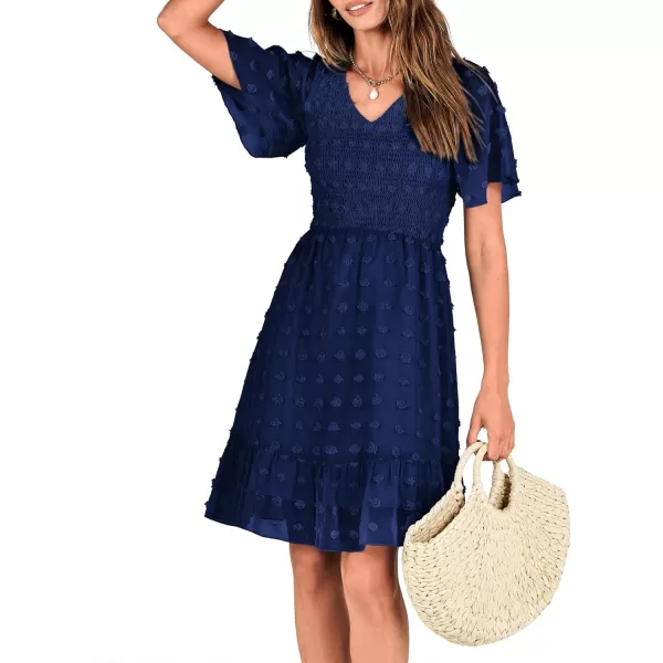 BTFBM Womens V Neck Smocked Short Sleeve Casual Dress Swiss Dot Swing Flowy Ruffle Hem Mini Beach Summer Dresses 2024Swiss Dot Navy