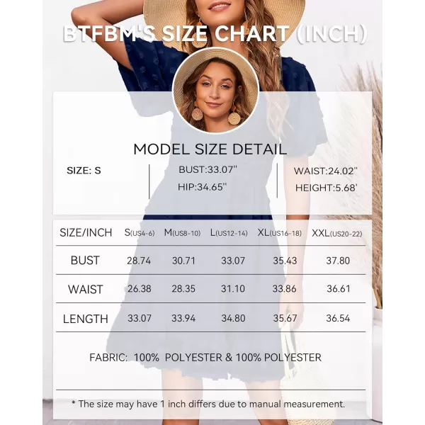 BTFBM Womens V Neck Smocked Short Sleeve Casual Dress Swiss Dot Swing Flowy Ruffle Hem Mini Beach Summer Dresses 2024Swiss Dot Navy