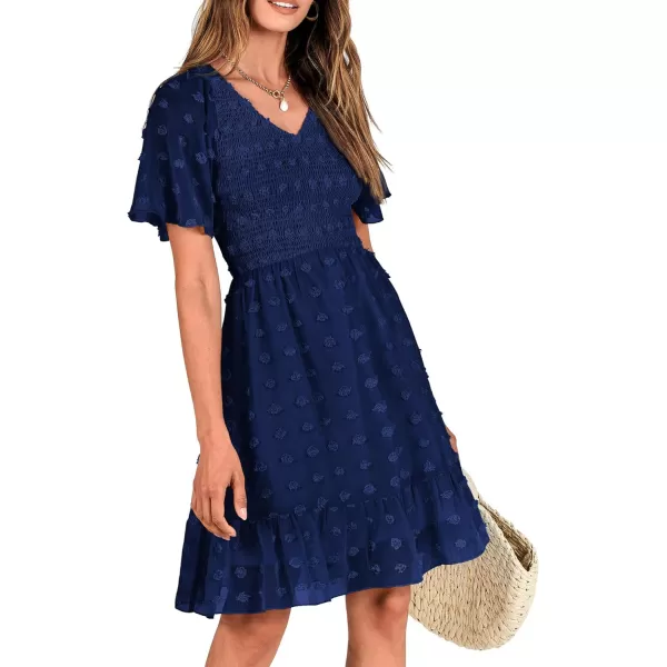 BTFBM Womens V Neck Smocked Short Sleeve Casual Dress Swiss Dot Swing Flowy Ruffle Hem Mini Beach Summer Dresses 2024Swiss Dot Navy
