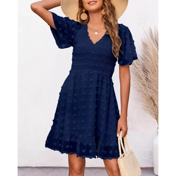 BTFBM Womens V Neck Smocked Short Sleeve Casual Dress Swiss Dot Swing Flowy Ruffle Hem Mini Beach Summer Dresses 2024Swiss Dot Navy