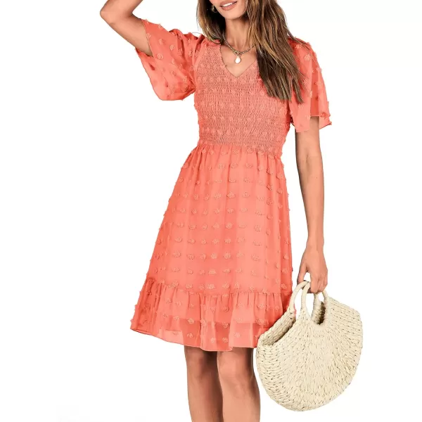 BTFBM Womens V Neck Smocked Short Sleeve Casual Dress Swiss Dot Swing Flowy Ruffle Hem Mini Beach Summer Dresses 2024Swiss Dot Orange Pink