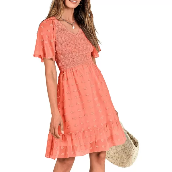 BTFBM Womens V Neck Smocked Short Sleeve Casual Dress Swiss Dot Swing Flowy Ruffle Hem Mini Beach Summer Dresses 2024Swiss Dot Orange Pink