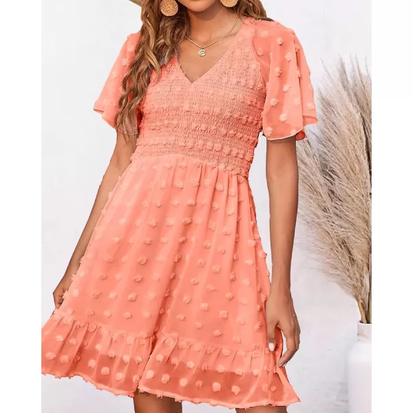 BTFBM Womens V Neck Smocked Short Sleeve Casual Dress Swiss Dot Swing Flowy Ruffle Hem Mini Beach Summer Dresses 2024Swiss Dot Orange Pink
