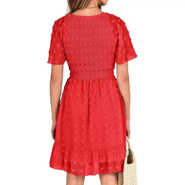 BTFBM Womens V Neck Smocked Short Sleeve Casual Dress Swiss Dot Swing Flowy Ruffle Hem Mini Beach Summer Dresses 2024Swiss Dot Red