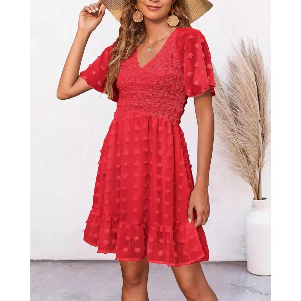 BTFBM Womens V Neck Smocked Short Sleeve Casual Dress Swiss Dot Swing Flowy Ruffle Hem Mini Beach Summer Dresses 2024Swiss Dot Red