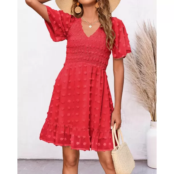 BTFBM Womens V Neck Smocked Short Sleeve Casual Dress Swiss Dot Swing Flowy Ruffle Hem Mini Beach Summer Dresses 2024Swiss Dot Red