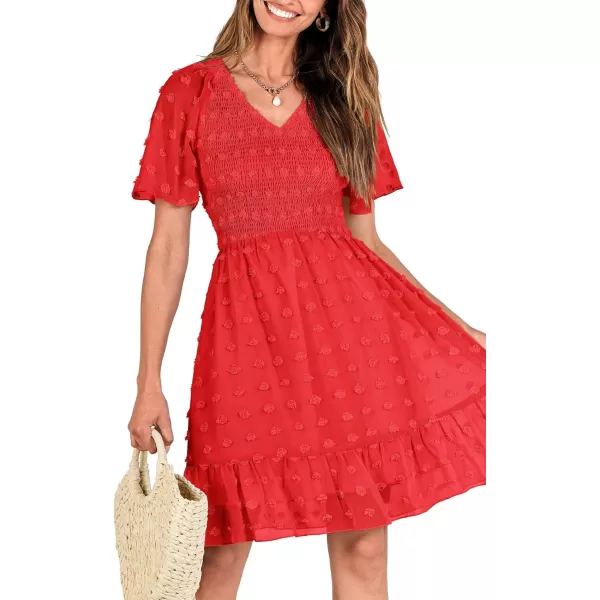 BTFBM Womens V Neck Smocked Short Sleeve Casual Dress Swiss Dot Swing Flowy Ruffle Hem Mini Beach Summer Dresses 2024Swiss Dot Red