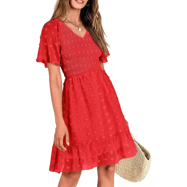 BTFBM Womens V Neck Smocked Short Sleeve Casual Dress Swiss Dot Swing Flowy Ruffle Hem Mini Beach Summer Dresses 2024Swiss Dot Red