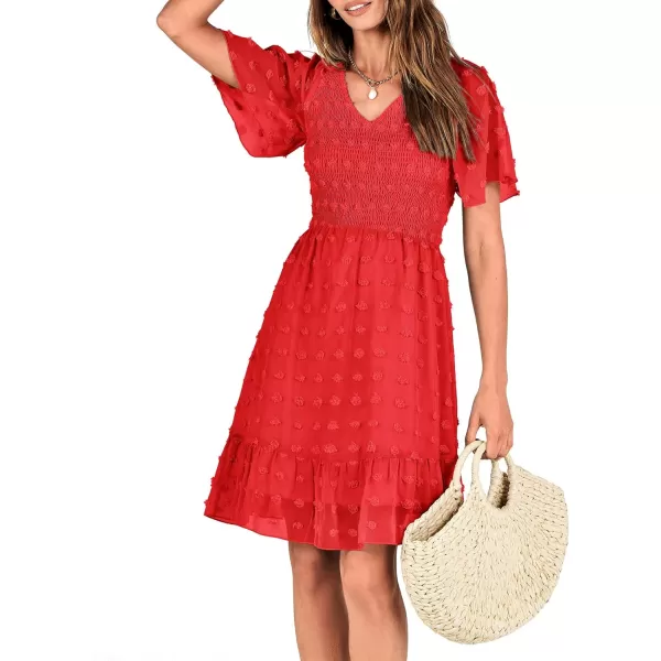 BTFBM Womens V Neck Smocked Short Sleeve Casual Dress Swiss Dot Swing Flowy Ruffle Hem Mini Beach Summer Dresses 2024Swiss Dot Red
